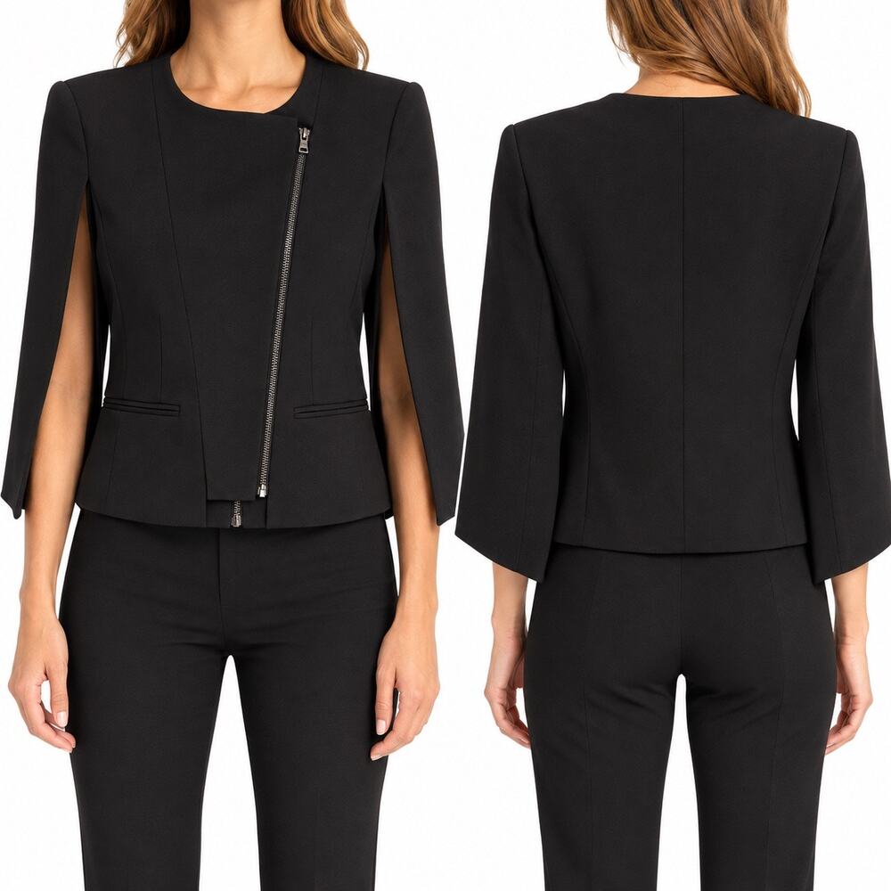 BCBGMAXAZRIA Size XXS 2XS Black Asymmetrical Zip Cape Blazer Jacket Petite